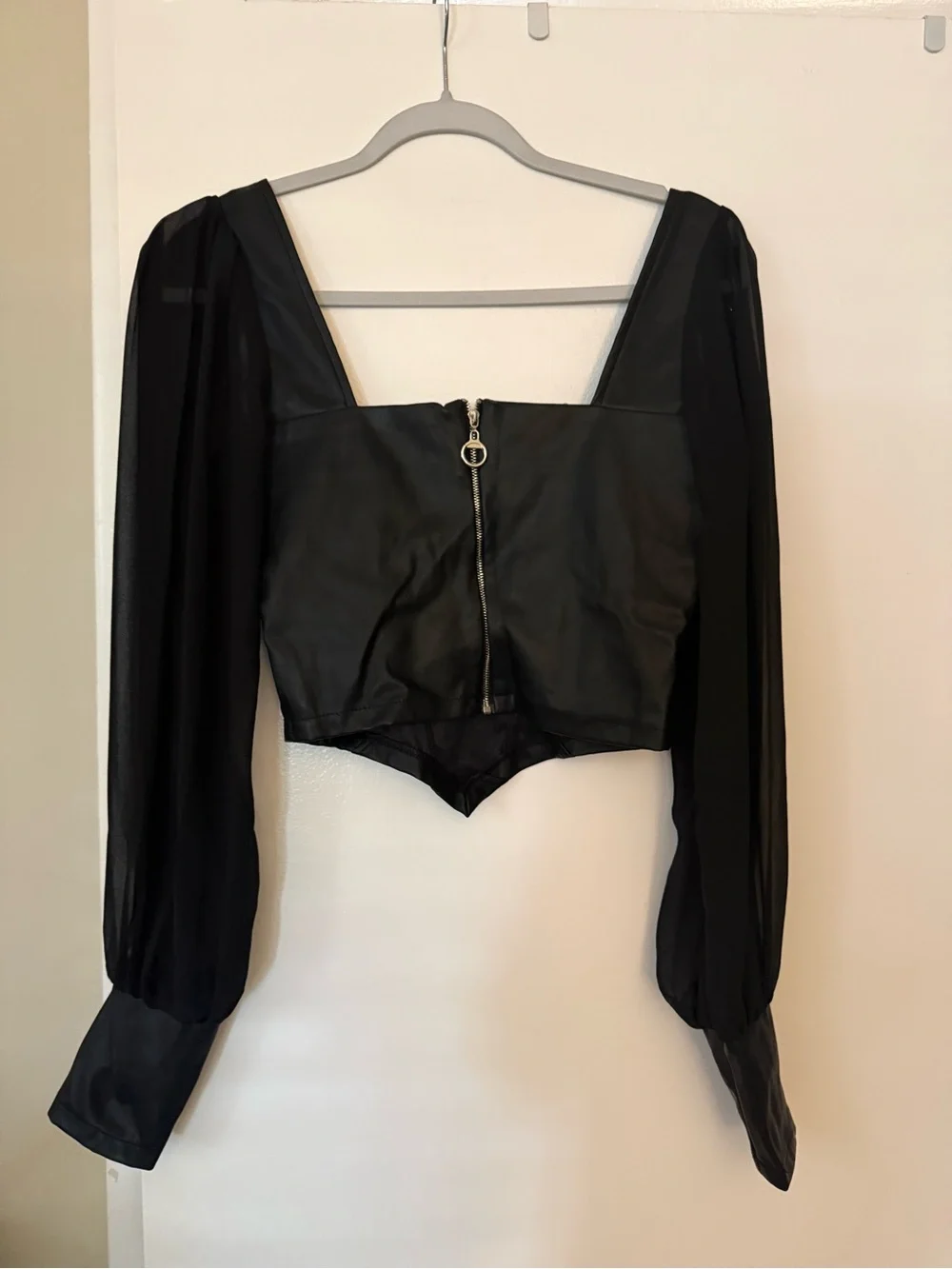 Parisian Works Black Faux-Leather Bustier Crop Top with Sheer Sleeves